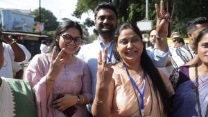 Mahavikas Aghadi candidate Bhavana Ghanekar and supporters celebrate after victory of municipal council election at Uran in Navi Mumbai (Express photo by Narendra Vaskar)