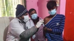 People line up for anti-rabies vaccines at a primary health centre in Badaun on Monday. (Express Photo)