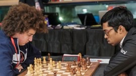India's R. Praggnanandhaa in action against England's Stanley Badacsonyi at London Chess Festival. (PHOTO: X/London Chess)