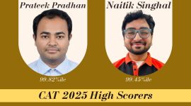 CAT 2025 Prateek Pradhan (R) from Delhi. secured 99.82 precentile, while Naitik Singhal (L) of Gwalior secured 99.45 percentile in the Common Admission Test