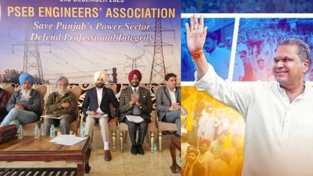 More than 1,000 engineers from the Punjab State Power Corporation Limited (PSPCL), Punjab State Transmission Corporation Limited (PSTCL), and Bhakra Beas Management Board (BBMB) assembled in Patiala for a state-level protest, accusing the minister of “increasing political interference” and “destabilising” the power sector. (Credit: X/@SanjeevArora_PB )