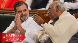 Congress President Mallikarjun Kharge with LoP in the Lok Sabha and party leader Rahul Gandhi. (PTI Photo)