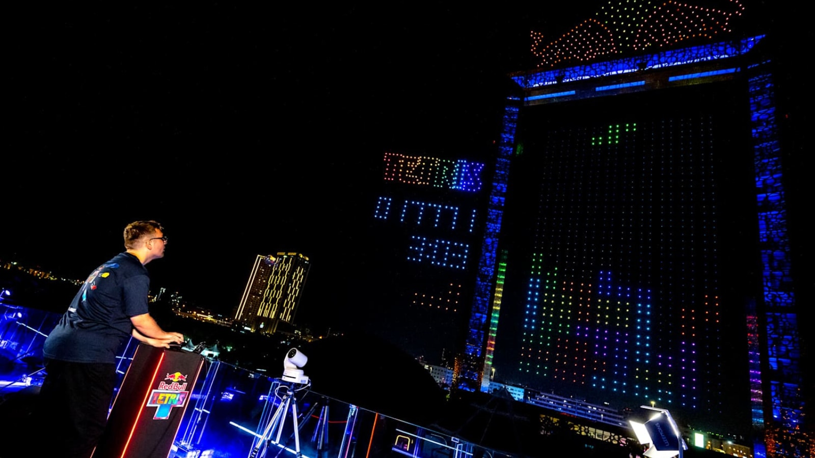Dubai hosts live, playable game of Tetris in the desert night sky with 2,800 RGB drones