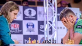 Richard Rapport (left) takes on Peter Svidler in the second edition of Global Chess League in London last year. (PHOTO: GCL)