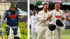 (LEFT) Steve Smith with the black anti-glare strips under his eyes while training for the 2nd Ashes Test match; Smith and Marnus Labuschagne leave the field after winning the first Ashes Test match against England in Perth. (AP Photo)