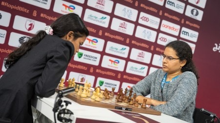 Savitha Shri B held Koneru Humpy to a draw in the final round of World Rapid Championship which denied Humpy to defend her title. (PHOTO: FIDE/Lennart Ootes)