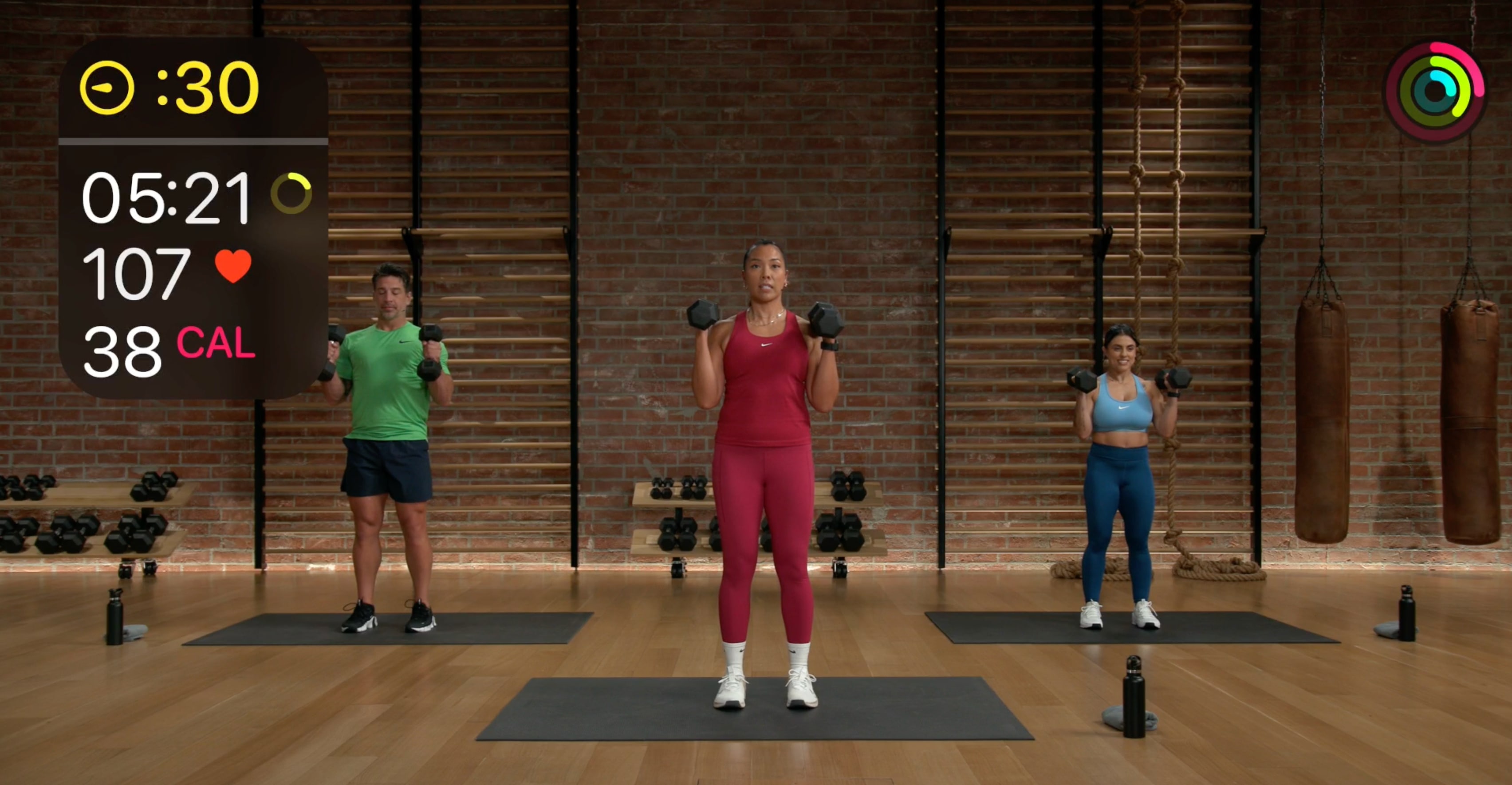 Apple Fitness+ trainers record a guided strength workout designed to scale for all fitness levels.