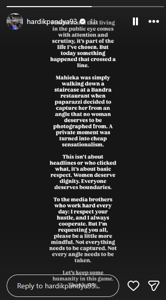 Hardik Pandya Instagram Story