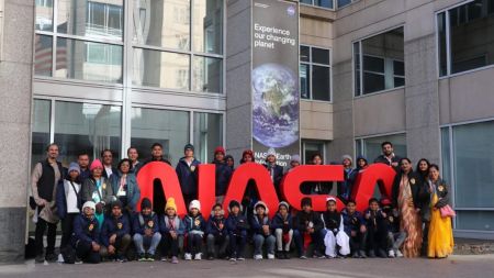 25 Students from Pune Zilla Parishad Schools, mostly coming from underprivileged backgrounds in rural Pune, were selected for the NASA Tour in US. The students departed from Mumbai to US on November 15, and returned from their visit on November 27. (Express Photo)