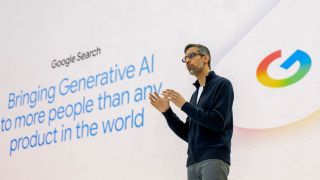 Sundar Pichai, the chief executive of Google, speaks during Google I/O, an annual conference for software developers, in Mountain View, Calif., May 20, 2025.