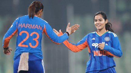Indian spinner Vaishnavi Sharma with captain Harmanpreet Kaur during fifth T20I vs Sri Lanka. (PHOTO: CREIMAS FOR BCCI)