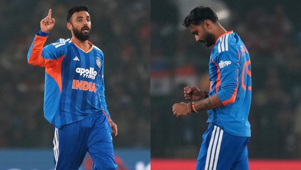 Indian spinners Varun Chakaravarthy and Axar Patel in action during first IND vs SA T20I in Cuttack. (PHOTO: AP)