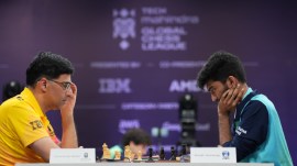 Viswanathan Anand from Ganges Grandmasters in action against Gukesh D from PBG Alaskan Knights on day 3 of the Global Chess League 3. (PHOTO: GCL)