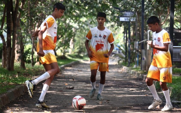 Reyansh (L), Ishaan (centre) and Aaradhy are among the 30 boys who will receive five-year full scholarship covering professional coaching, academic support, equipment, nutrition and mental conditioning under Project Mahadeva Football. 