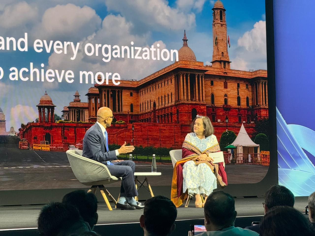 Satya Nadella in conversation with NITI Aayog distinguished fellow Debjani Ghosh in New Delhi.