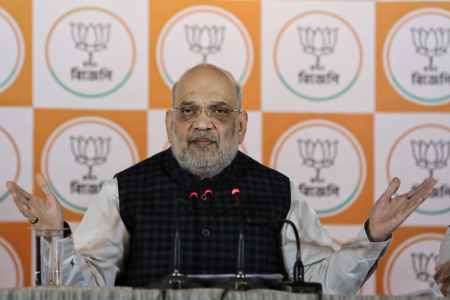 Home Minister Amit Shah at a press conference in Kolkata. (Express photo by Partha Paul)