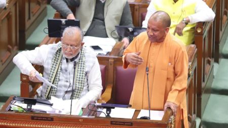 Uttar Pradesh Chief Minister Yogi Adityanath on the second day of the Winter Session of the State Assembly in Lucknow, Monday. (Image: Express Photo by Vishal Srivastav)