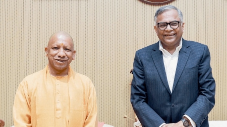 Uttar Pradesh Chief Minister Yogi Adityanath meets Chairman of Tata Sons, N. Chandrasekaran, in Lucknow on Monday. (X@myogiadityanath)