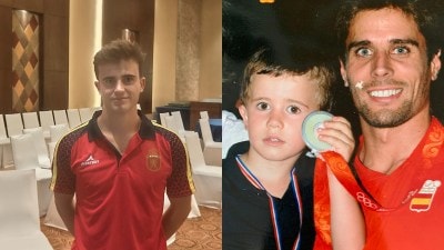 (left) Pere Amat in Chennai for the FIH Junior World Cup 2025. (Express photo); (right) Pere Amat with his uncle Pol Amat, one of the Spain's greatest players (Image via special arrangement)