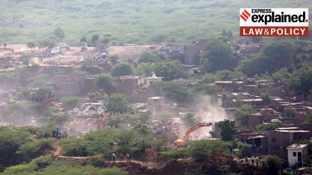 Demolitions in the Aravalli forest area in Khori Gaon in 2021.