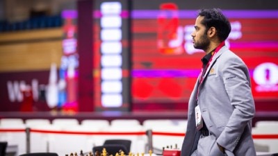 India's Arjun Erigaisi walks during the World Rapid Championship. (PHOTO: Anna Shtourman via FIDE)