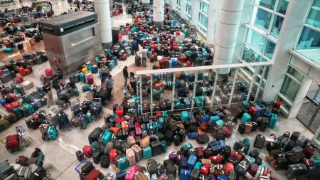 Passengers look for their missing luggage at Indira Gandhi International Airport Terminal- 1 (Express photo by Abhinav Saha)