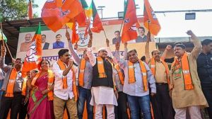 JP Maharashtra President Ravindra Chavan, third right, and party leaders celebrate victory in the Maharashtra local body elections, at the BJP head office, in Mumbai, Sunday, Dec. 21, 2025. (PTI Photo)
