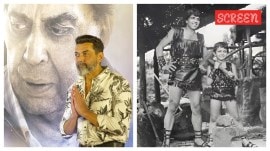 Bobby Deol at Ikkis premiere; with father Dharmendra in Dharam Veer.