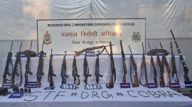 chhattisgarh -maoist Ten automatic weapons — one Light Machine Gun (LMG), four AK-47 rifles, four 7.62 Self Loading Rifles (SLRs), one 5.56 INSAS rifle — were recovered,” said Inspector General of Police for Bastar Range, Sundarraj P.