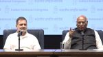 LoP Rahul Gandhi and Congress president Mallikarjun Kharge addresses a press conference on Saturday after the CWC meeting.