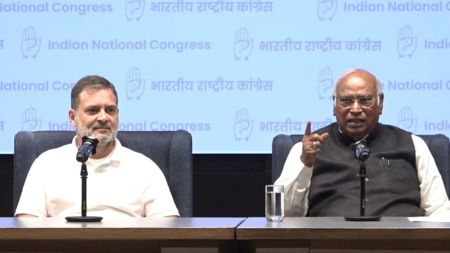 LoP Rahul Gandhi and Congress president Mallikarjun Kharge addresses a press conference on Saturday after the CWC meeting.