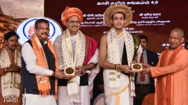 Varanasi: Union Minister Dharmendra Pradhan and Uttar Pradesh Chief Minister Yogi Adityanath during the 4th edition of the Kashi Tamil Sangamam, in Varanasi, Tuesday, Dec. 2, 2025. (PTI Photo)(PTI12_02_2025_000430B)