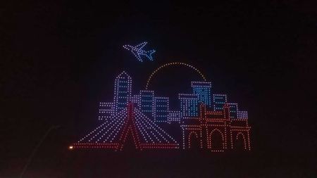 The batch of drones moved in coordination, creating aerial formations depicting three-dimensional lotus blooms, lotus design interiors, and visuals of a plane flying over Mumbai.