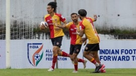 East Bengal players celebrate a goal in the Super Cup tournament. (AIFF Media)