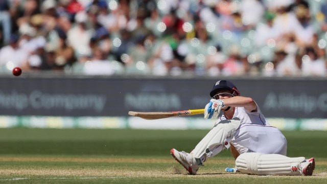 Brook had moved a long way across the stumps and, luckily for him, it ended up taking the inside edge of the bat and rolled away harmlessly for him to take a single. (AP Photo)