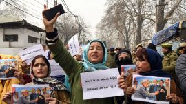 Srinagar, Dec 19 (ANI): People’s Democratic Party (PDP) supporters stage a protest against the incident in which Bihar Chief Minister Nitish Kumar allegedly pulled a woman’s hijab during an event, outside the party headquarters in Srinagar on Friday. (ANI Photo)