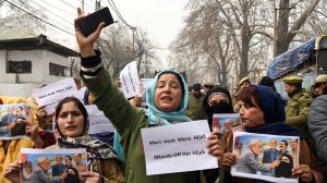 Srinagar, Dec 19 (ANI): People’s Democratic Party (PDP) supporters stage a protest against the incident in which Bihar Chief Minister Nitish Kumar allegedly pulled a woman’s hijab during an event, outside the party headquarters in Srinagar on Friday. (ANI Photo)