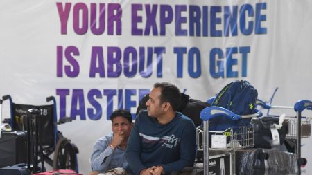 A large crowd formed outside the Indigo counter at Mumbai Airport on Friday amid ongoing disruptions.