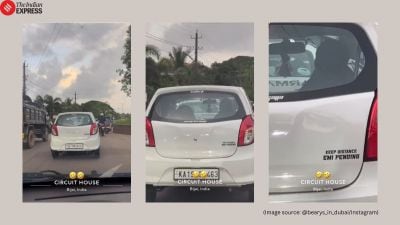 Karnataka car viral Keep distance, EMI pending sticker