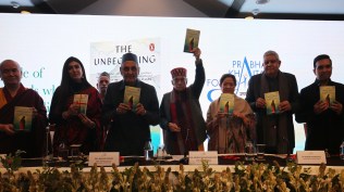 The Unbecoming: Geshe Dorji Damdul, Shinjini Kulkarni, Dr Karan Singh, Dr Murli Manohar Joshi, Abha Vajpai, Shri Jagdeep Dhankhar, and Author Kartikeya Vajpai (Photo credit: Anil Sharma/ Express Photo)