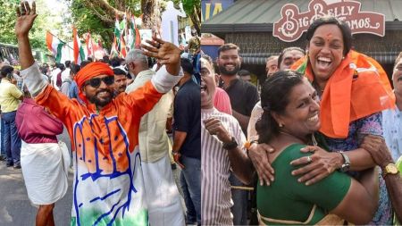 A Congress supporter celebrates in Kochi after UDF's victory (L) and BJP members celebrate in Thiruvananthapuram.