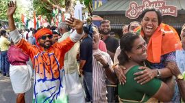 A Congress supporter celebrates in Kochi after UDF's victory (L) and BJP members celebrate in Thiruvananthapuram.