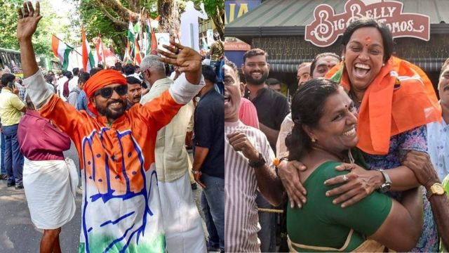 A Congress supporter celebrates in Kochi after UDF's victory (L) and BJP members celebrate in Thiruvananthapuram.