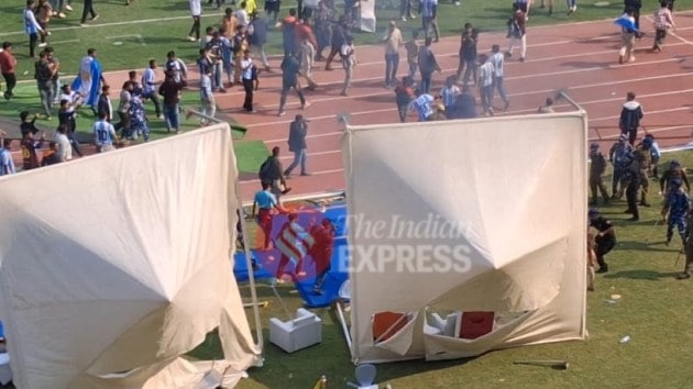 The crowd also tried to set the VIP sofas on fire at the Salt Lake Stadium but it was immediately doused. (Express Photo by Partha Paul)