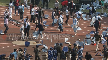 Chaos ensued as soon as Messi exited the field. (Express Photo by Partha Paul)