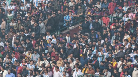 Lionel Messi fans at Arun Jaitley Stadium chanted ‘AQI, AQI’ when Delhi Chief Minister Rekha Gupta got on the stage. (Express photo by Abhinav Saha)