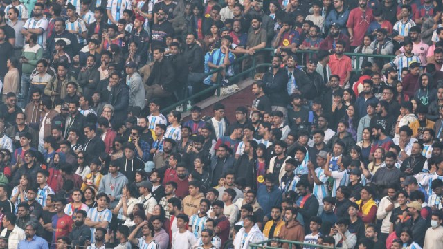 Lionel Messi fans at Arun Jaitley Stadium chanted ‘AQI, AQI’ when Delhi Chief Minister Rekha Gupta got on the stage. (Express photo by Abhinav Saha)