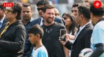 Lionel Messi India GOAT Tour Live Updates: Lionel Messi, center, flanked by fans during his trip to India for the GOAT Tour. (AP Photo)