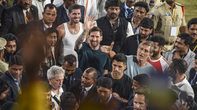 Messi, Suarez and de Paul took part in a GOAT Cup penalty shootout, with Telangana Chief Minister Revanth Reddy also turning up in football attires, and conducted football clinics with children. (PTI Photo)