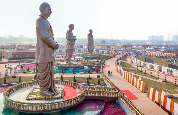 Lucknow, Dec 25 (ANI): A view of the statue of three Bharatiya Janata Party icons Atal Bihari Vajpayee, Deen Dayal Upadhyay and Shyama Prasad Mukherji at Rashtra Prerna Sthal, in Lucknow on Thursday. (@narendramodi X/ANI Photo)